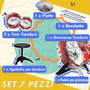Batteria Musicale Giocattolo per Bambini Grancassa 2 Tamburi e Piatti con Bacchette e Sgabello Rosso  