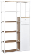 Libreria 6 Ripiani con 2 Cassetti e Armadietto in Acciaio e Legno Bianco e Rovere 100x35x180 cm 