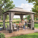 Gazebo da Giardino 360x300x279 cm con Zanzariera Tende e Tetto Doppio Strato in Poliestere Cachi      