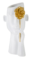Vaso Face con Fiore 14x13x27 cm in Poliestere Bianco e Oro      