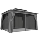 Gazebo da Giardino a 2 Livelli 380x300x270 cm con Zanzariere e Tende in Metallo e Poliestere Grigio Scuro      