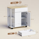 Carrello Isola da Cucina 78x39,5x88,5 cm con Cassetto Armadietto e 2 Ripiani Laterali in Legno Bianco e Rovere      
