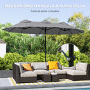 Ombrellone Doppio 285x147x227 cm Inclinabile a 45° con Prese d'Aria in Acciaio e Poliestere Grigio 
