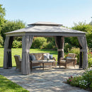Gazebo da Giardino a 2 Livelli 380x300x270 cm con Zanzariere e Tende in Metallo e Poliestere Grigio Scuro      
