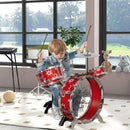 Batteria Musicale Giocattolo per Bambini Grancassa 2 Tamburi e Piatti con Bacchette e Sgabello Rosso  
