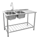 Lavello Cucina Commerciale 120x60x79 cm in Acciaio Doppia Vasca Rubinetto Gocciolatoio Destro  