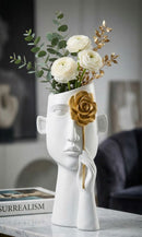 Vaso Face con Fiore 14x13x27 cm in Poliestere Bianco e Oro      