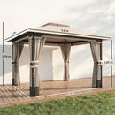 Gazebo da Giardino 360x300x279 cm con Zanzariera Tende e Tetto Doppio Strato in Poliestere Cachi      