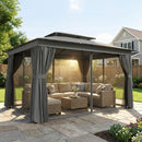 Gazebo da Giardino a 2 Livelli 380x300x270 cm con Zanzariere e Tende in Metallo e Poliestere Grigio Scuro      