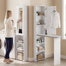 Mobile Asse da Stiro Pieghevole 107x35x174 cm a 6 Ripiani con Specchio e 2 Ganci in Legno e Poliestere Bianco      