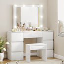 Consolle Trucco con Specchio Stile Hollywood 8 Luci LED con 7 Cassetti e Sgabello Imbottito in Legno Bianco      