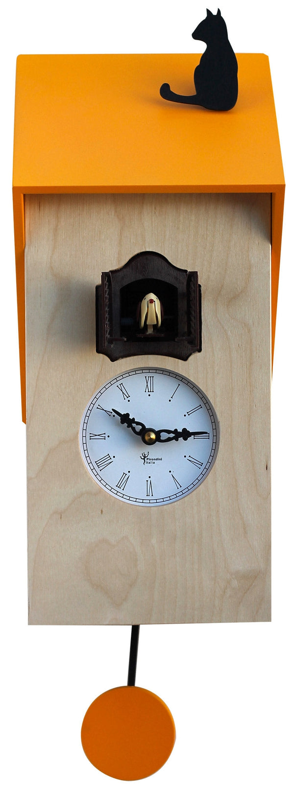 sconto Orologio a Cucù da Parete 17x37x12 cm con Gatto Pirondini Italia Vicenza Naturale e Giallo
