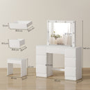 Consolle Trucco con Specchio Stile Hollywood 8 Luci LED con 7 Cassetti e Sgabello Imbottito in Legno Bianco      
