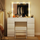 Consolle Trucco con Specchio Stile Hollywood 8 Luci LED con 7 Cassetti e Sgabello Imbottito in Legno Bianco      