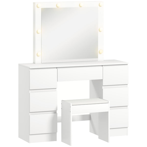 Consolle Trucco con Specchio Stile Hollywood 8 Luci LED con 7 Cassetti e Sgabello Imbottito in Legno Bianco acquista