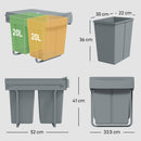 Pattumiera Estraibile Sottolavello per Differenziata 52x33.5x41 cm con 2 Secchi da 20L In PP e ABS Grigio      